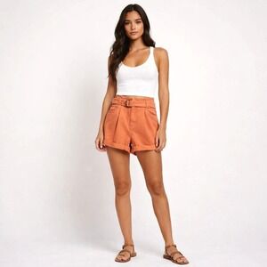 High Rise Cuffed Shorts TGLA Self Women's M Spice Orange Cotton Pleated D-Ring B